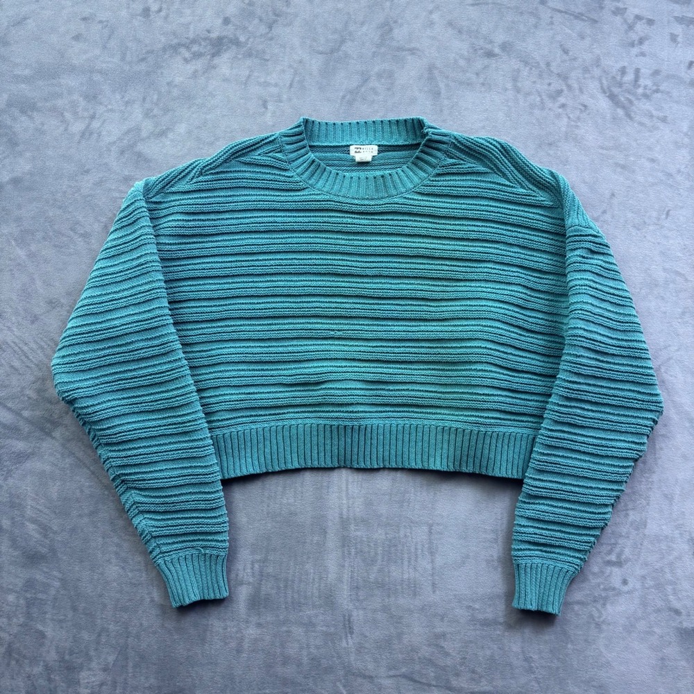 Billabong Teal Blue Ribbed Knit Cropped Sweater Long Sleeve Boxy Pullover M